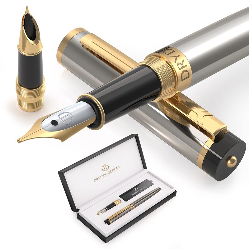 Dryden Designs Fountain Pen - Medium Nib and Fine Nib | Includes Luxury Box, 6 Ink Cartridges - 3 Black 3 Blue and Ink Refill Converter - Metallic Silver - Image 1